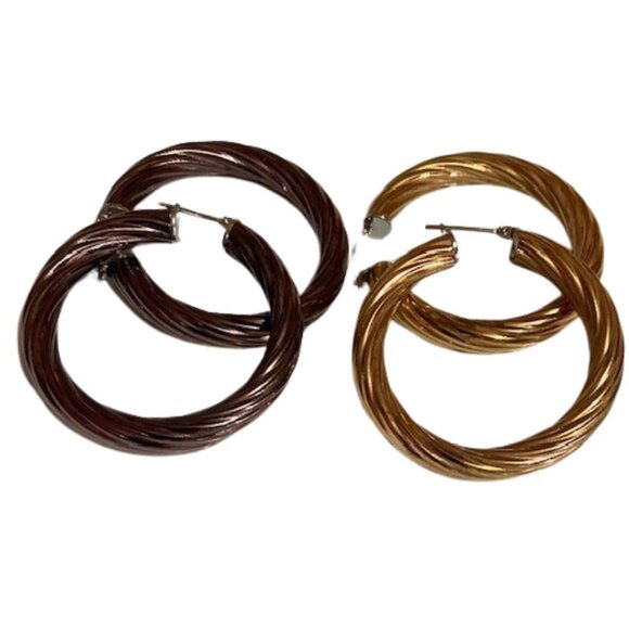 Twisted Rope Hoop Earrings, 2 Pairs, Stainless Steel Gold/Brown Tone - Picture 6 of 9